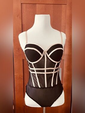 Iris Basic Black and Cream Mesh Longline Bodysuit